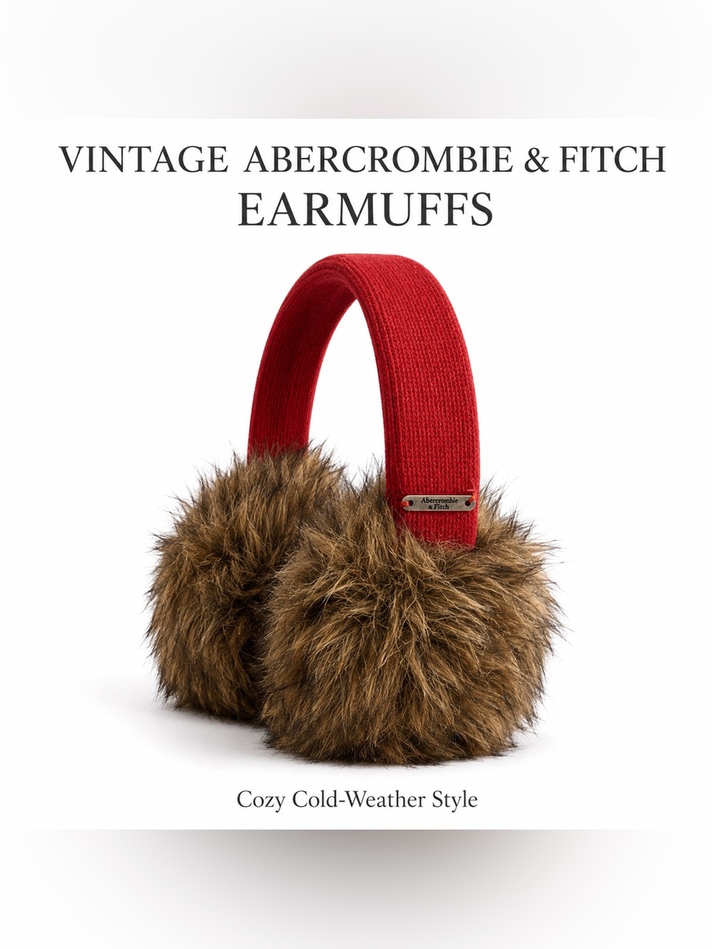 Abercrombie & Fitch Red Earmuffs with Brown Faux-Fur Poms